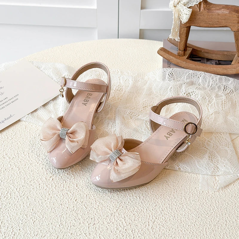 Girls Sandals Fashion Bow Girls High Heels Pink Kid Non-slip Princess Performance Shoes 3-18 Years Old Children's Leather Shoes