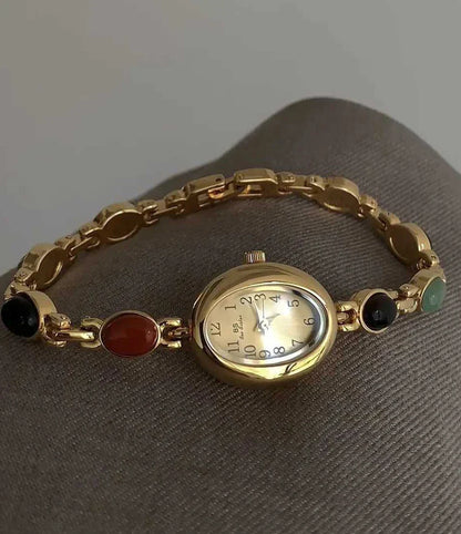 Luxury Vintage Quartz Women's Watches Fashion Natural Green Jade Bracelet Clock Numerals Small Oval Dial Watch Woman Accesories