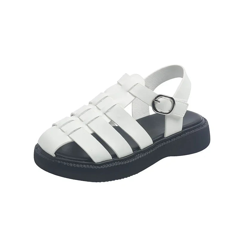 Children's Summer Sandals Girls Woven Baotou Princess Shoes Non-slip Hollow Roman Soft Sole Leather Shoes Buckle Roman Slippers