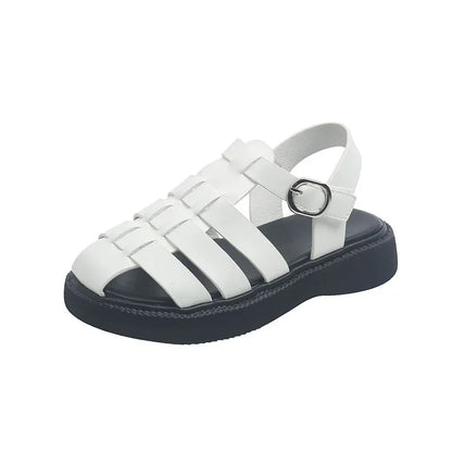 Children's Summer Sandals Girls Woven Baotou Princess Shoes Non-slip Hollow Roman Soft Sole Leather Shoes Buckle Roman Slippers