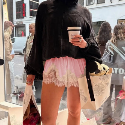 Women Satin Silk Boxers Shorts Y2k Lace Trim Micro Mini Pajama Shorts Knickers Low Rise Lounge Slip Pj Bottoms Streetwear