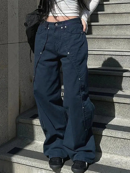 Jeans for Woman Y2k Clothes Relaxed Loose Fit Wide Leg Trousers Vintage American Retro Style with Rivet Patchwork Split Design