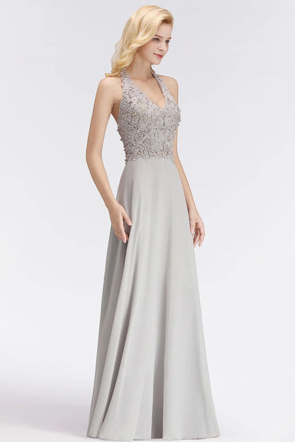 A-line V-neckline Chiffon Lace Pearls Beadings Floor-length Prom Dress Sleeveless Evening Elegant Party Dresses For Women 2024