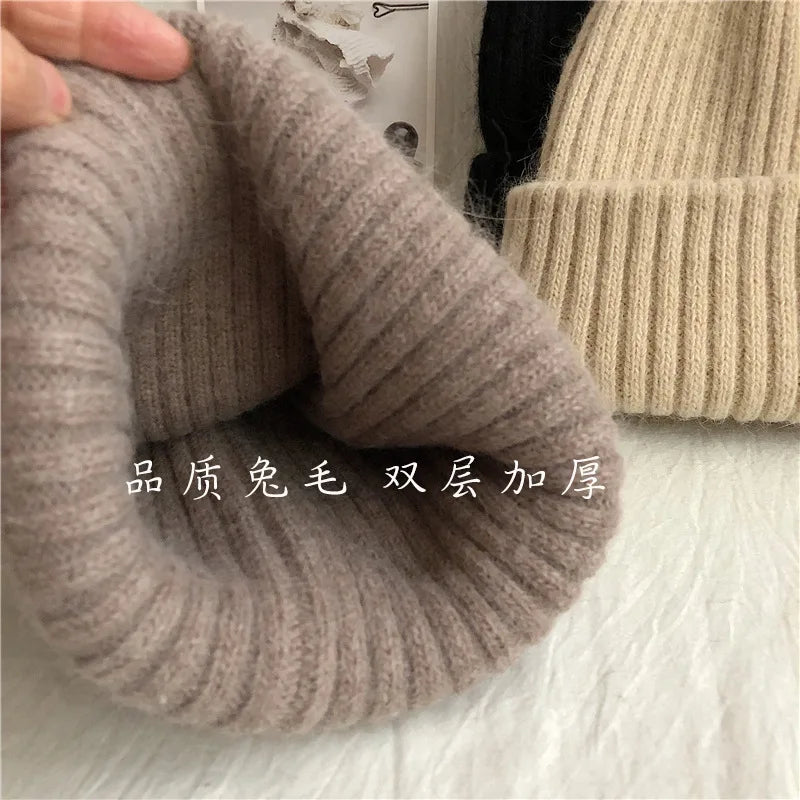 Winter Dome Brimless Casual Hat Warm Rabbit Fur Knit Hat women's double-layer Thick Wool Hat Casual Hat Toe Cap Cold Hat 4m868