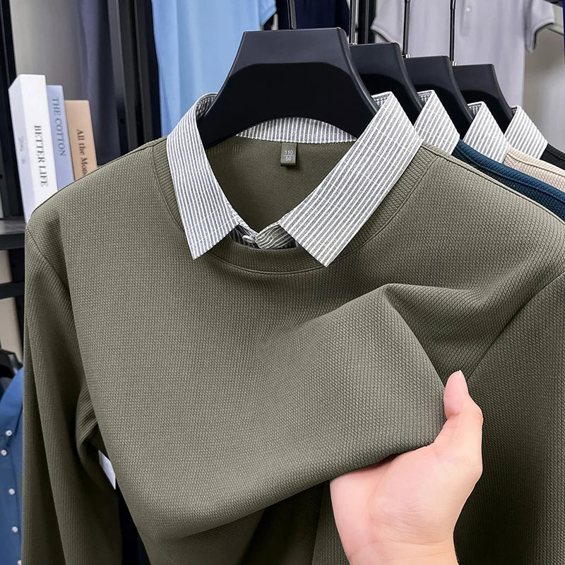 High End Brand Men's Striped Lapel Fake Two Piece Polo Shirt Designer Autumn Winter Fashion Business Simple Versatile Men's Wear