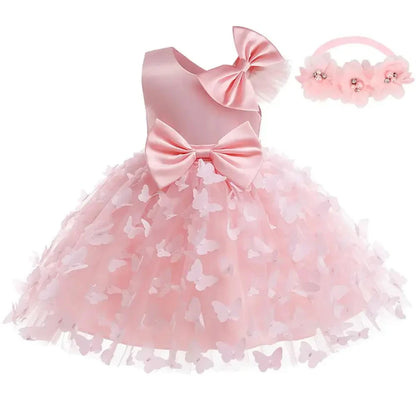 Vestido Borboleta Branco e Rosa de Verão para Meninas Vestido de Noiva de Tule Roupa de Batizado Roupa de Bebê Menina 1º Aniversário