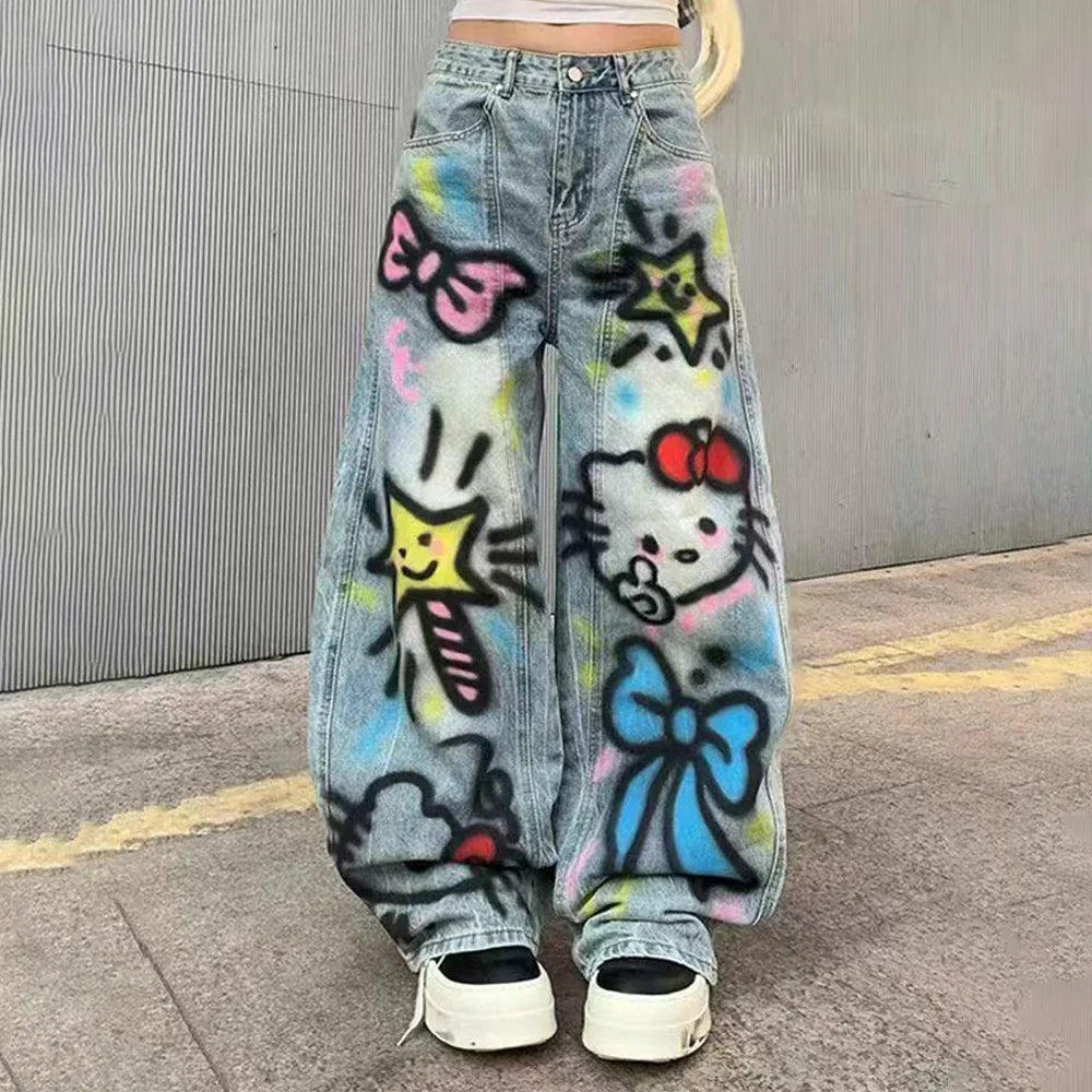 American Style Y2K Hello Kitty Denim Pants Sanrios Anime Girls Jeans Kawaii New Women Summer Cat Embroidered Slim Straight Pants