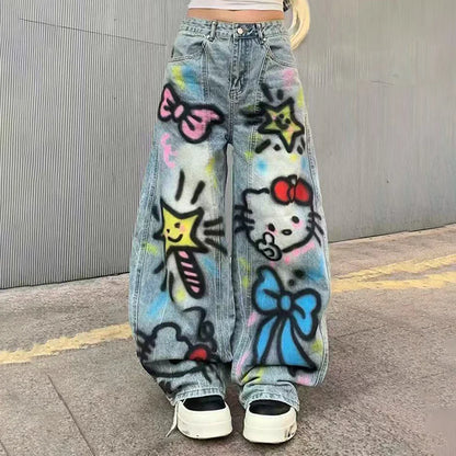 American Style Y2K Hello Kitty Denim Pants Sanrios Anime Girls Jeans Kawaii New Women Summer Cat Embroidered Slim Straight Pants