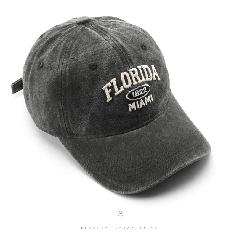 Vintage Washed Cowboy Baseball Cap for Men Women FLORIDA Embroidery Sun Cap Casual Snapback Hip Hop Hat Curved Brim Soft Top Hat