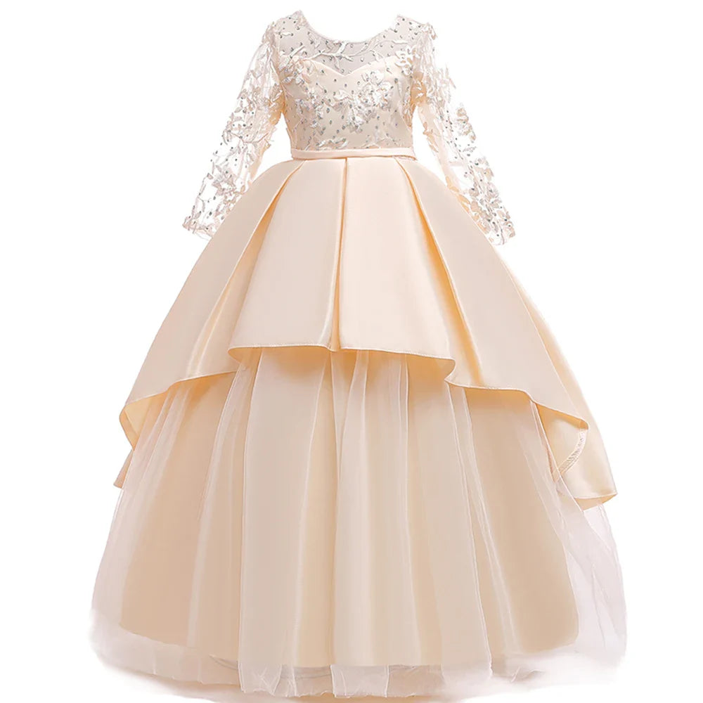 Teens Sequin Bridesmaid Girls Party Dress Long Sleeve First Communion Gown Wedding Party Princess Dresses Bow Christmas Costumes