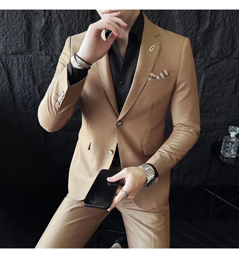 Men's Korean Style Slim Fit Suit Set, High Quality Fabric Solid Color Edge Pressing for Wedding Business