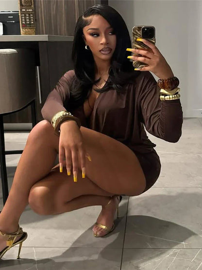 Cross Deep V-Neck Dress Women Full Sleeve Stretch Solid Midnight Street Clubwear Party Autumn Trend Elegant Mini Bodycon