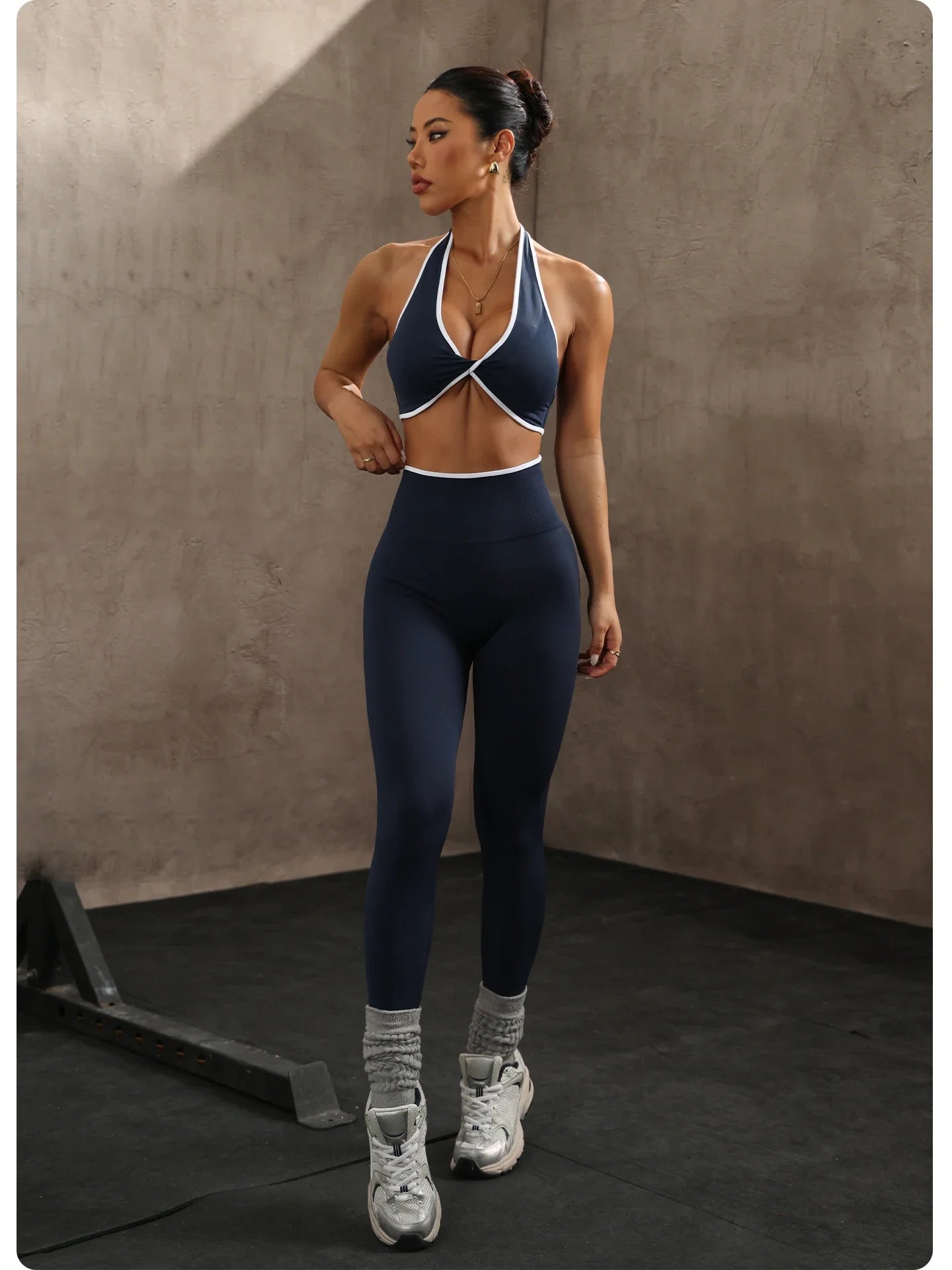 ZHEJIN 2 Piece Yoga Set Women Contrast Trim Halter Sports Bra High Waist Seamless Leggings Gym Workout Set Fitness Activewear Su