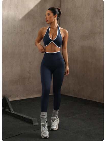 ZHEJIN 2 Piece Yoga Set Women Contrast Trim Halter Sports Bra High Waist Seamless Leggings Gym Workout Set Fitness Activewear Su