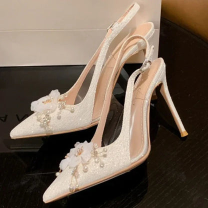 French Flower Wedding Shoes Women's Thin Heel Pointed Head High Heel Fashion Bag Head Summer Women's Sandals