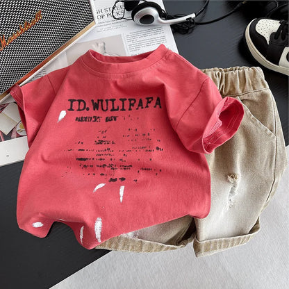 Summer Toddler Baby Boys Cotton Print Short-Sleeved T-Shirt Top+Rip Shorts Jeans Set Kids 2PCS Tracksuit Children Outfit 1-6 Yr