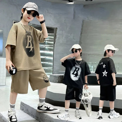 New Summer Teenager Boys Clothing Set Cotton Letter Short Sleeve T-shirt Shorts 2Pcs For 4-14 Years Kids Tracksuits Child Cloth
