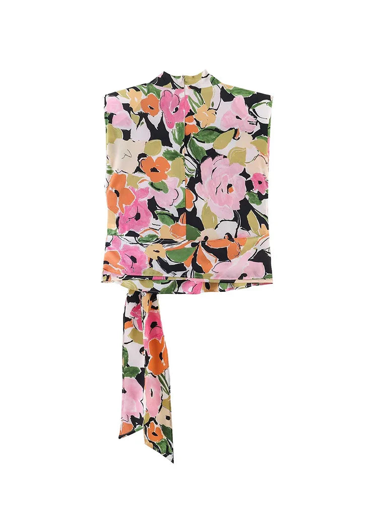 Summer 2026 Women Sleeveless Blouse Top Elegant Floral Printed Shoulder Pad Top Chic Side Tie-up Fashion Lady Vest