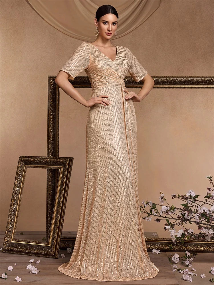 Luxury Floor Length V-Neck Evening Dress 2025 Women Elegant Party Maxi Sequin Short Sleeves Prom Cocktail Graduation Dress