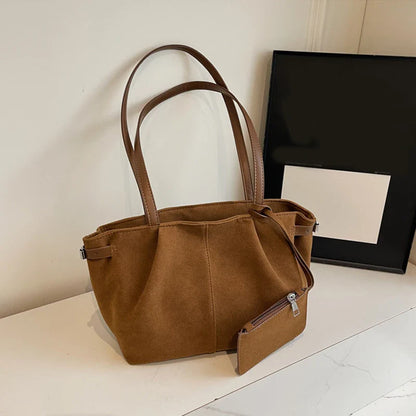 Suede Shoulder Bags for Women Large Suede Totes Lightweight Underarm Bag Casual Shopper Handbag Solid Color Travel Bucket Bags
