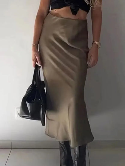 2024 Y2K Casual Women Long Skirt Spring Elastic High Waisted A-Line Casual Female Satin Skirts High Street Lady Skirts