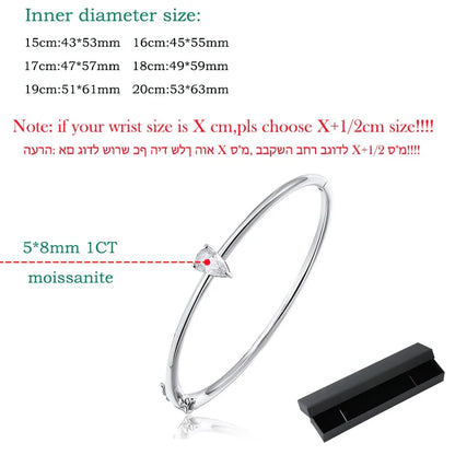 1CT Pear Cut Certified Moissanite Bangles for Women 100% S925 Solid Silver Lab Diamond Bracelets Birthday Gift Jewelry