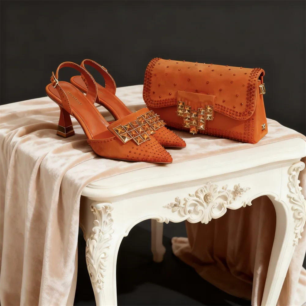Italy Italian style Rhinestone Pointed Toe High Heels - Elegant Women's Party & Wedding Shoe and Bag Set