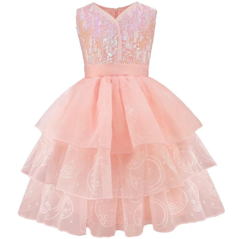 Pink Sequin Lace Wedding Dress+Magic Wand+Crown Outfits 3-13 years Teens Sleeveless fluffy Mesh Gown for girls queen clothes