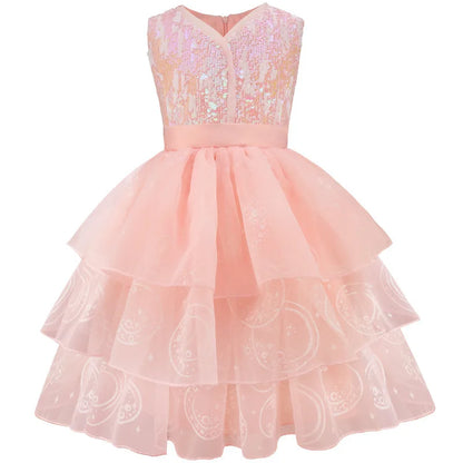 Pink Sequin Lace Wedding Dress+Magic Wand+Crown Outfits 3-13 years Teens Sleeveless fluffy Mesh Gown for girls queen clothes