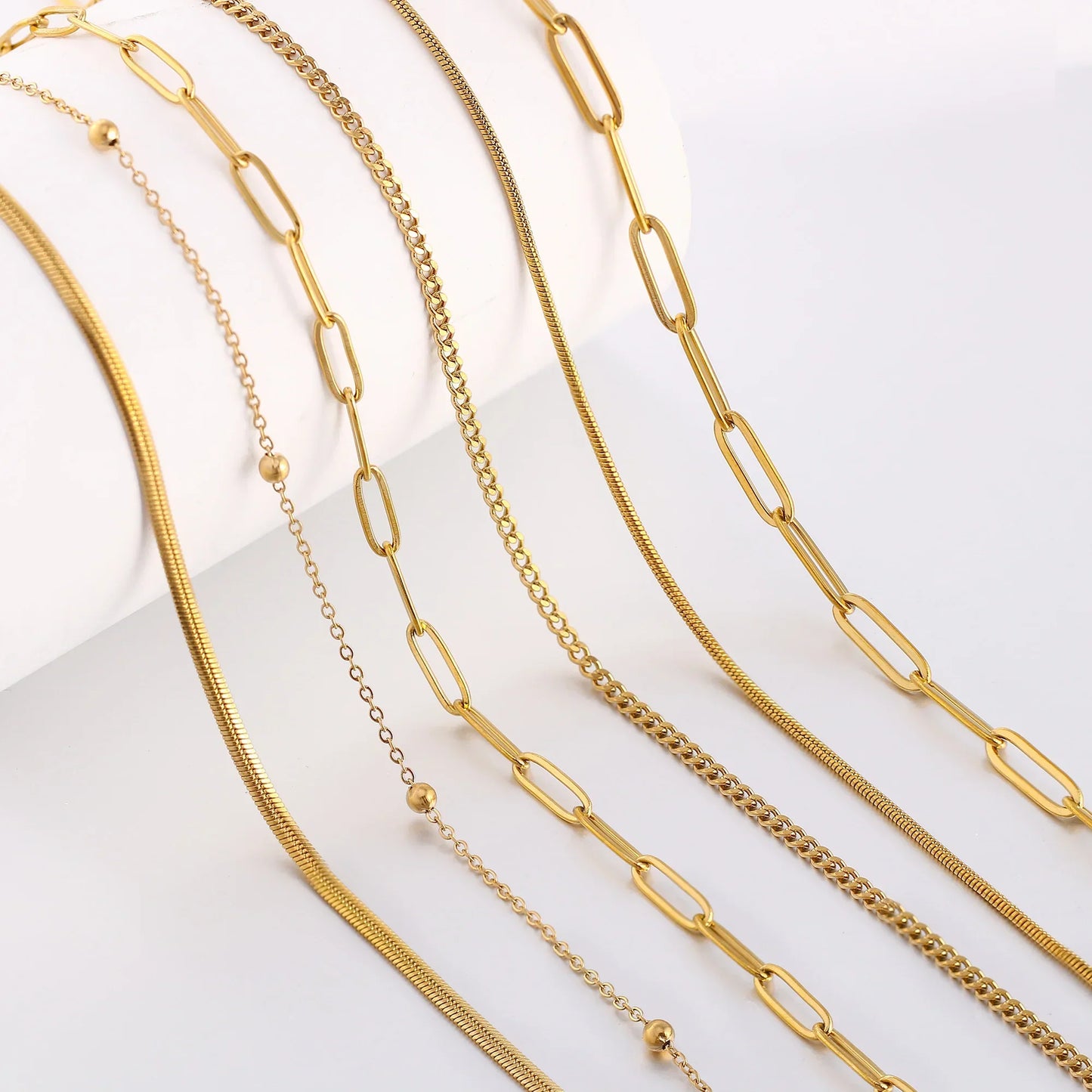 5Pcs/Lot Stainless Steel Bead Rope Link/Cuban/Paperclip Links Snake Chain Necklace Diy Women Jewelry 18K Gold Color Neck Chains