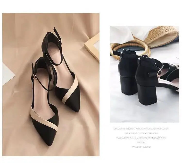 Sapatos femininos clássicos de salto quadrado bege bico fino para festa, senhoras, primavera, verão, fivela preta, couro PU, sapatilhas profissionais