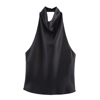 Sexy Chic Butter Yellow Satin Tops Women Halter Backless Beach Holiday Party Top Fashion 2025 New Year Evening Satin Top