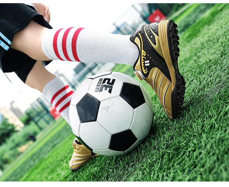 Fashion Gold Children's Football Shoes Outdoor Non-slip Turf Soccer Shoes Kids HOOK&LOOP Low-cut Sports Sneakers Child Trainers