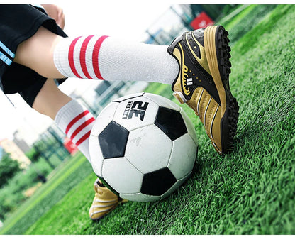 Fashion Gold Children's Football Shoes Outdoor Non-slip Turf Soccer Shoes Kids HOOK&LOOP Low-cut Sports Sneakers Child Trainers