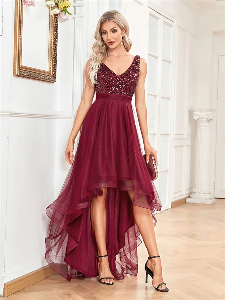 Elegant Women Sleeveless Sequins V-Back Floor Length Formal Evening Dresses Luxury V-neck Wedding Party Cocktail Gowns