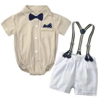 Solid Newborn Baby Boy Outfit Set Bow Formal Gentleman Suit for Toddlers Summer Sky Blue Romper + White Shorts Clothes for Baby