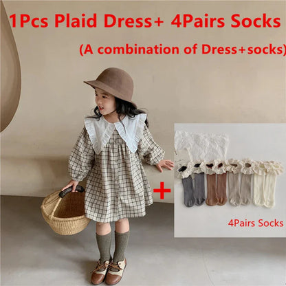 Baby Girls Dress Casual Plaid Clothes Summer New Korean Cotton Linen Girls Princess Dress Big Turn Down Collar Dress