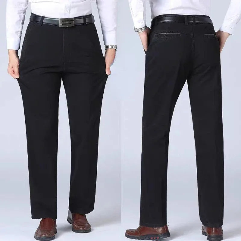 Men's 100% Cotton Summer Thin Autumn Thick Suit Pants Straight Loose Trousers Business Solid Khaki Casual Brand Clothes GOZBKF