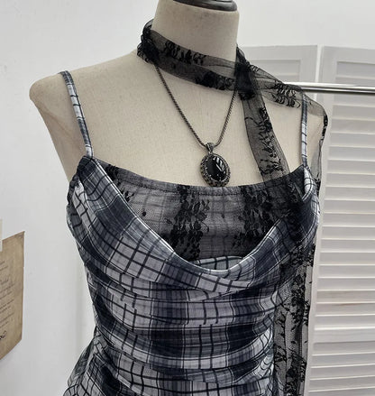 Y2K Plaid Camisole for Women Summer Casual Lace Scarf Breathable Stretch Mesh Patchwork Asymmetrical Ruffle Slim Tops