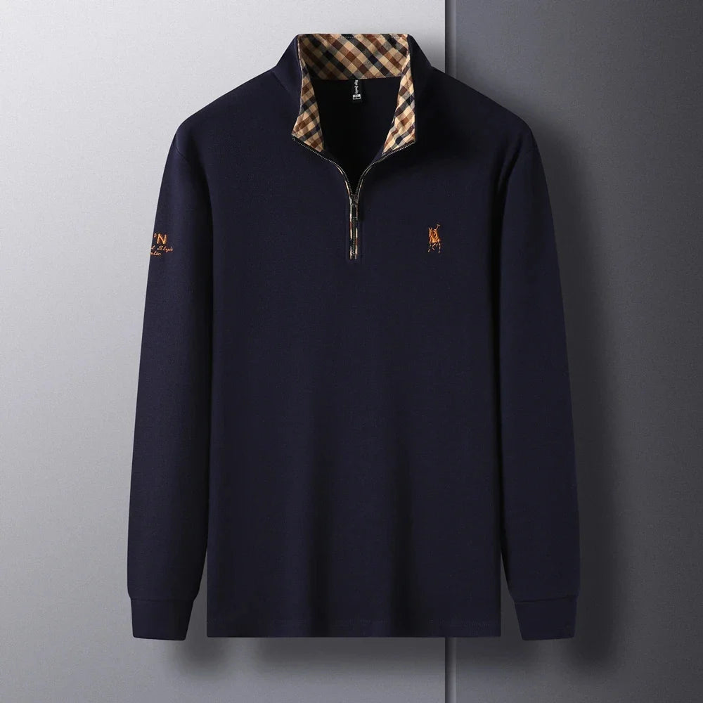 High end 100% cotton brand long sleeve T-shirt men's standing collar autumn fashionable embroidery Paul casual sports polo shirt
