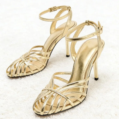 Sexy Gold Hollow Narrow Band High Heel Sandal Women Fashion Ankle Strap Buckle Thin Heel Designer Shoe Elegant Dinner Dress Shoe