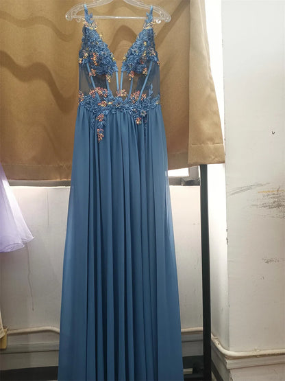Real Photos Delicate Multi Color Prom Dress V Neck Beaded Appliques Illusion Spaghetti Strap Evening Gowns Lightning Delivery