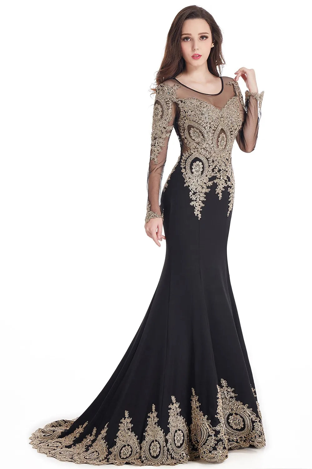 Prom Dresses Women Beading Long Sleeve Backless Elegant Lace Applique Formal Evening Party Gown For Bride Robe De Soirée