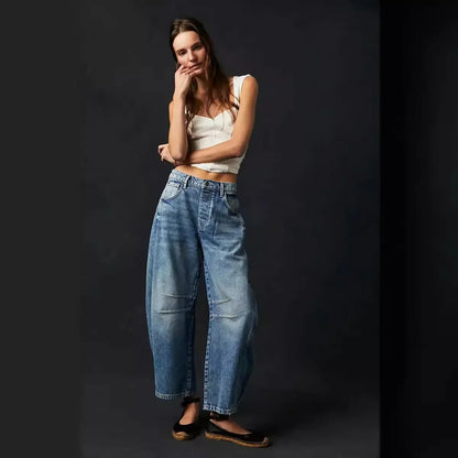 Women Loose Mid Waist Jeans Denim Full Length Pants Sexy Fashion Solid Color Trousers Denim Pockets Bleached