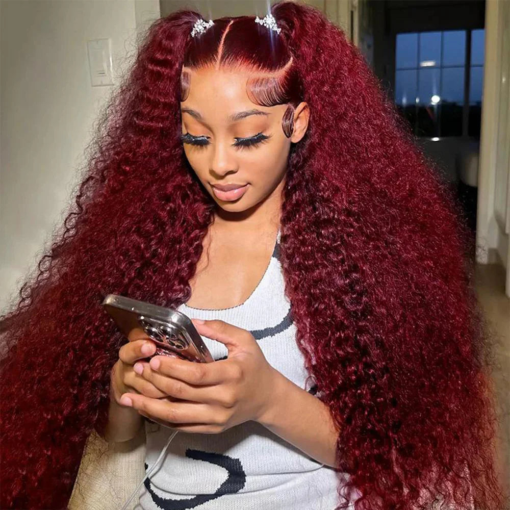 13x6 99j Burgundy Lace Front Wigs Human Hair Deep Wave 250 Density Transparent Frontal Wigs Pre Plucked Red Curly Wigs for Women