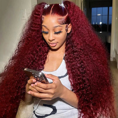 13x6 99j Burgundy Lace Front Wigs Human Hair Deep Wave 250 Density Transparent Frontal Wigs Pre Plucked Red Curly Wigs for Women