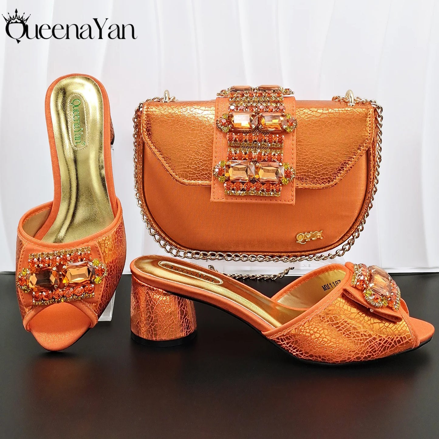 Fashion Mature  Brushed Style Rainbow Color Rhinestone Decoration Design Party Wedding Lady High Heels and Bag Set