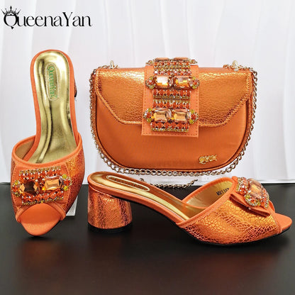 Fashion Mature  Brushed Style Rainbow Color Rhinestone Decoration Design Party Wedding Lady High Heels and Bag Set