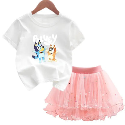 2Pcs/Set Girl Dress Kid Birthday Clothes Party Princess Dress Cartoon T-shirt+Tutu Skirt Summer Evening Christmas Gift