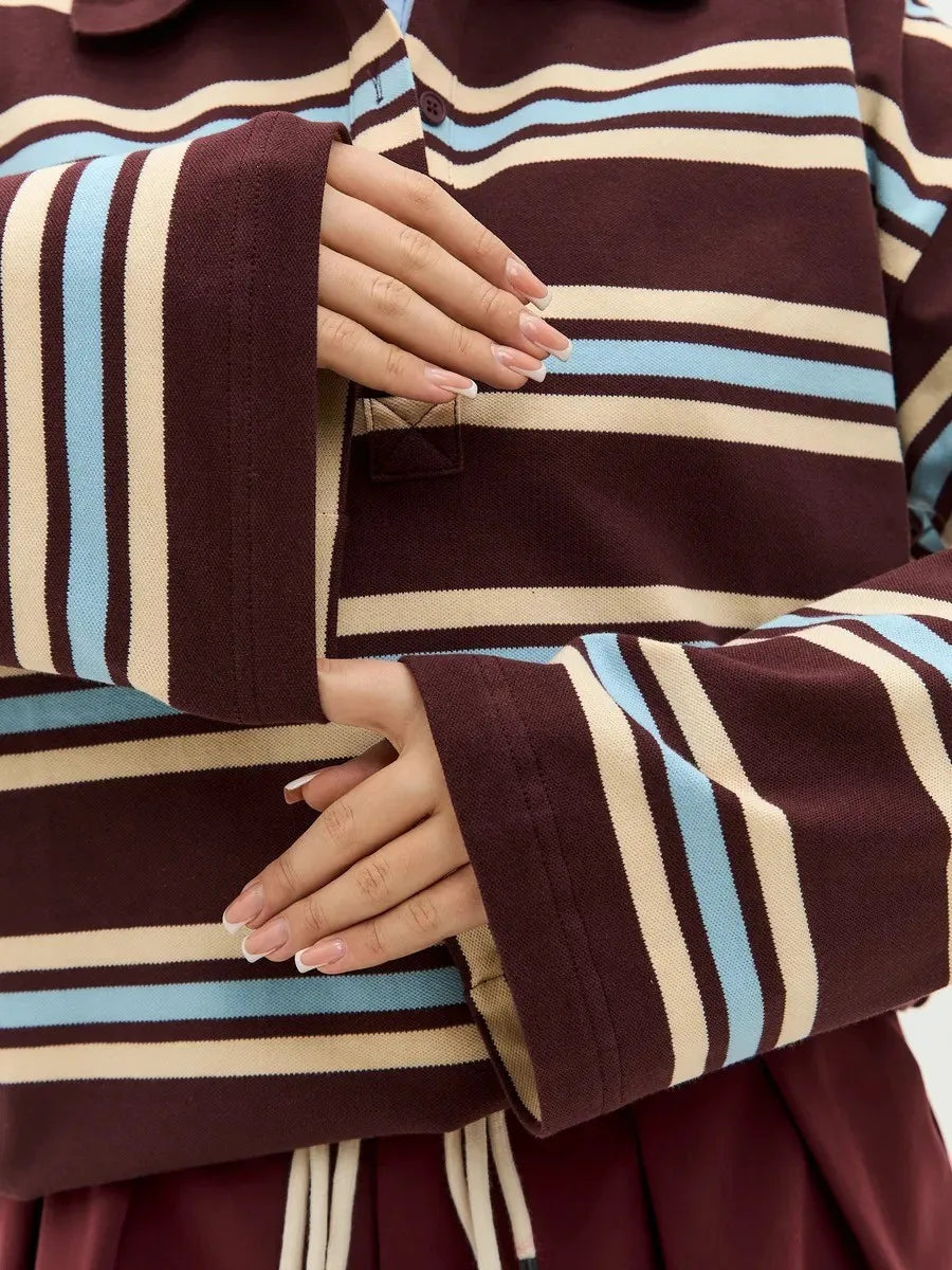 Autumn Casual Stripes Contrast Long-sleeved T-shirt Women Button Lapel Polo Shirt Tshirts New Streetwear Retro Chic Tops 2025